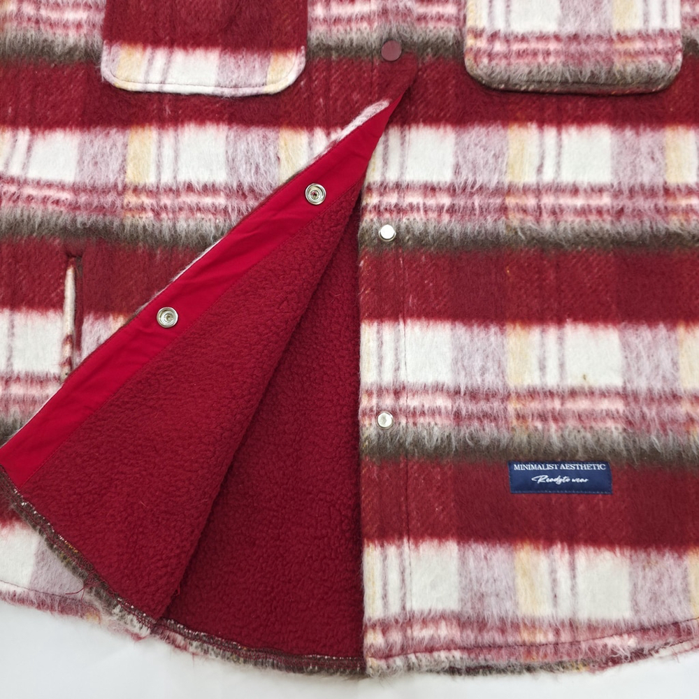 Minimalist Aesthetic Plaid Shirt Jacket Mens Large Red Fleece Lined Lifestyle - Picture 5 of 14